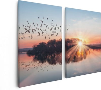 Artaza Canvas Schilderij Tweeluik Groep Vogels Boven De Meer Met Zonsondergang - 80x60 - Foto Op Canvas - Canvas Print