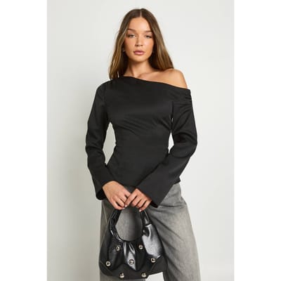 boohoo Dames Asymmetrische geplooide schouder longline top | Black | Maat: 6