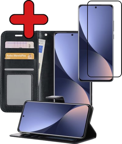 Hoesje - Met Screenprotector - Geschikt voor Xiaomi 12 - Luxe Pasjeshouder - Flipcase - Bookcase Portemonee - Flip Case - Kunstleer Book Case - Book Cover - Walletcase - Portemonneehoes - Telefoonhoes - Zwart