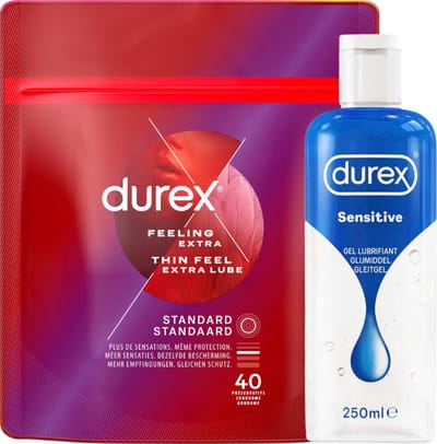 Durex - Condooms Thin Feel Extra Lube (Dun met Extra Glijmiddel) 40 stuks - Glijmiddel Sensitive 250 ml - Voordeelverpakking