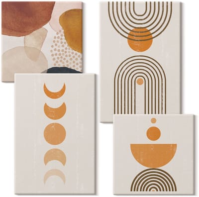 Wallfluent Set van canvas schilderijen - Boho minimalistisch decoratief ontwerp Canvas Schilderijen Set - Set van 4 Canvas Schilderijen - Oranje Set van Canvas Prints - Abstractie Canvas Kunst Set - Boheemse Canvas Kunst Set