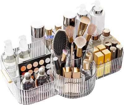 Grote Capaciteit Make-up Borstelhouder, Draaibare Make-up Organizer, Vintage Gestreepte Cosmetica Opberger voor Badkamer en Slaapkamer, Make-up Opslag voor Dresser