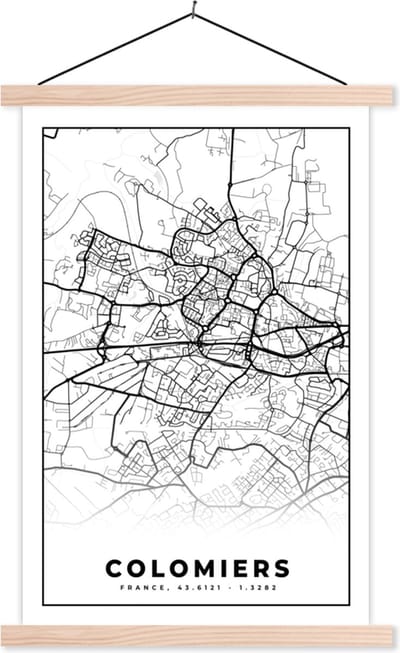 Posterhanger incl. Poster 40x60 cm - Schoolplaat - Frankrijk - Kaart - Plattegrond - Colomiers - Stadskaart - Zwart wit - Textielposter - Blanke latten - Stadskaart