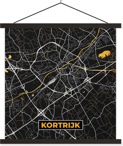 Posterhanger incl. Poster 60x60 cm - Schoolplaat - Kortrijk - Goud - Stadskaart - Plattegrond - Kaart - Textielposter - Zwarte latten - Stadskaart