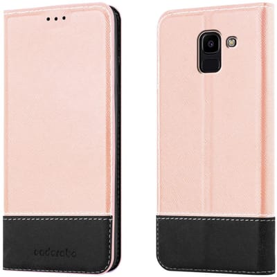 Cadorabo Hoesje geschikt voor Samsung Galaxy J6 2018 in ROSE GOUD ZWART - Beschermhoes met magnetische sluiting, standfunctie en kaartvakje Book Case Cover Etui