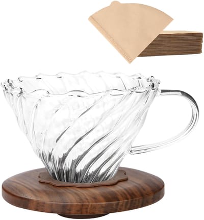 Dailygoods- Koffiedruppelaar 600ml met Walnootkraag - Borosilicaatglas - 100 Papieren Filters Maat 02 - Druppelkoffiezetapparaat - BPA-vrij - Veilig en Gemakkelijk Schoon te Maken - Koffiezetapparaat