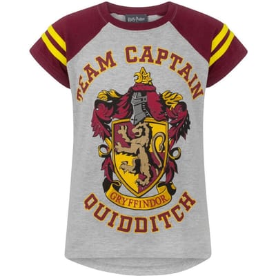 Harry Potter Officieel Meisjes Gryffindor Zwerkbal Team Kapitein T-Shirt (Grijs/Maroen)