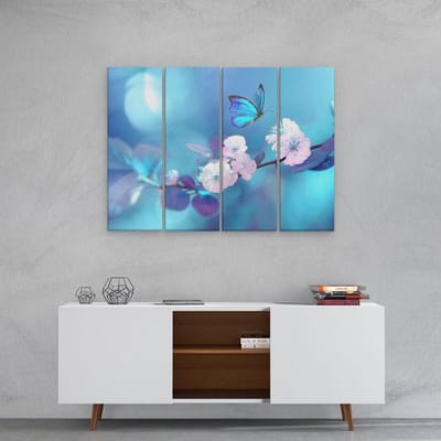 Artaza Canvas Schilderij Vierluik Blauwe Vlinder Bij Een Roze Bloem  - 80x60 - Foto Op Canvas - Canvas Print