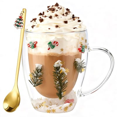 Dailygoods- Kerstglazen Mok 350 ml - Dubbelwandige Beker - Creatief Glas met Lepel - Kerstcadeau - Kerstdecoratie - Hoogwaardig Glas - Kerstbeker