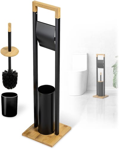 KADAX toiletrolhouder met geïntegreerde wc-borstel, staande toiletrolhouder met wc-borstel voor de badkamer, wc-set van staal en bamboe (zwart)