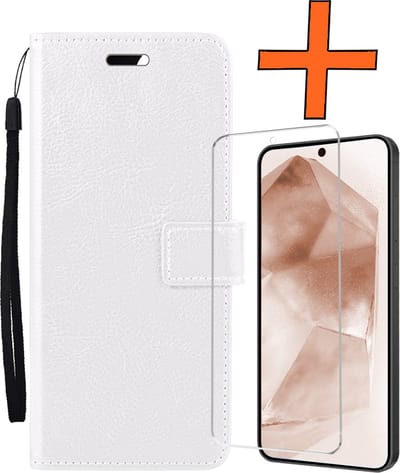 Hoes - Met Screenprotector - Geschikt voor Samsung Galaxy A55 - Luxe Pasjeshouder - Bookcase Portemonee - Flip Case - Kunstleer Book Case - Flipcase - Book Cover - Walletcase - PortemonneeHoes - Wit