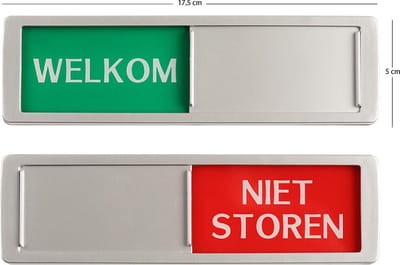 Welkom - Niet Storen Schuifbordje - Hoge Kwaliteit - Aluminium Look - 17,5 cm x 5 cm x 0,6 cm - Promessa Design.