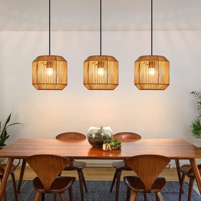 NETTLIFE E27 Hanglamp - Boho Rotan - In hoogte verstelbaar - 3-lichts - Eettafellamp - Retro design met fitting - Voor slaapkamer woonkamer & eetkamer - Zonder lamp