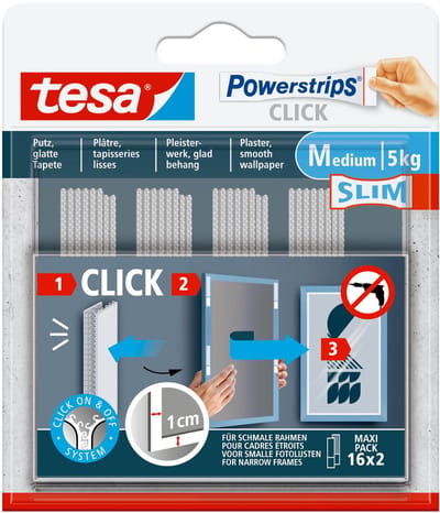 tesa Powerstrips CLICK - zelfklevende klittenbandpads voor het bevestigen en verwijderen van fotolijsten - Slim - 16 x 2 stuks