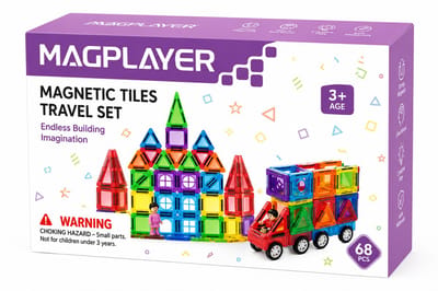 MAGPLAYER Magnetische Tegels 68 Stuks Travel Set – Magnetisch Bouwspeelgoed in Opbergdoos – Montessori & STEM Speelgoed – Educatief Speelgoed vanaf 3 Jaar