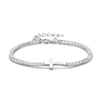 New Bling - 9NB-1583-R - 925 zilveren tennis armband met rhodium plated kruis - 15,5+3 cm
