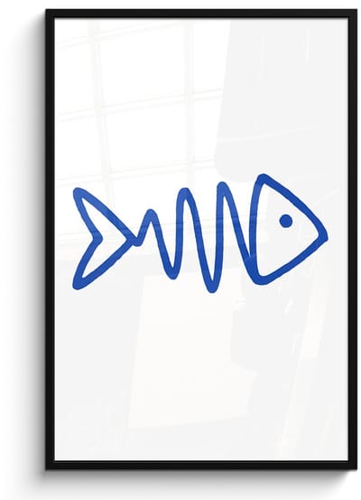 Poster in lijst - Fotolijst 80x120 cm - Posters - Vis - Minimalistisch - Blauw - Lijn - Posterlijst zwart - Decoratie - Wanddecoratie woonkamer - Muurdecoratie slaapkamer
