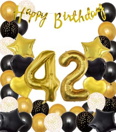 Snoes Ballonnen 42 Jaar Black Gold Dots Mega Ballon - Compleet Feestpakket Goud Zwart Stippen Cijferballon 42 - Verjaardag Versiering DIY Slinger Happy Birthday – Folieballon – Latex Ballonnen - Helium Ballonnen