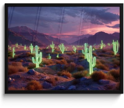 Poster in lijst - Fotolijst 80x60 cm - Posters - Neon cactussen - Woestijn - Zonsondergang - Posterlijst zwart - Decoratie - Wanddecoratie woonkamer - Muurdecoratie slaapkamer