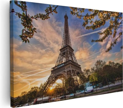 Artaza Canvas Schilderij Parijs - 30x20 cm - Klein - Wanddecoratie Eiffeltoren - Muurdecoratie Frankrijk - Kamer Accessoires Zonsondergang