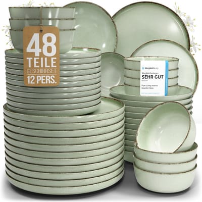 Pure Living Rustic Serviesset - Mintgroen - 48-Delig Voor 12 Personen - Massief Aardewerk - Landelijk Design - Magnetron & Vaatwasserbestendig