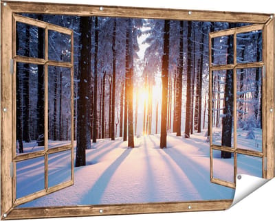 Gards Tuinposter Doorkijk Bos met Sneeuw tijdens de Zonsondergang - 150x100 cm - Tuindoek - Tuindecoratie - Wanddecoratie buiten - Tuinschilderij