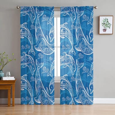 Rideaux transparents à Texture de vagues de dauphin d'été, pour salon, chambre à coucher, chambre d'enfants, draperies de traitement de fenêtre en Tulle 135W x 114H(cm) blue