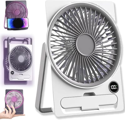 Mini-Ventilator op Kaartformaat met Telefoonhouder - Oplaadbaar en Ultrastil - 180° Kantelbaar en Inklapbaar - 6 Snelheden - 1 Stuk (Grijs)