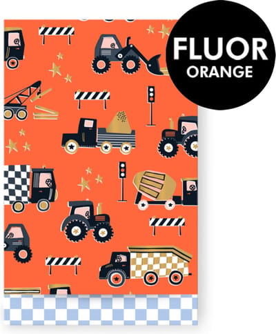 Cadeauzakjes voor kinderen - Geschenkzakje van papier Stoere inpakzakjes met voertuigen - Fluor oranje met goudfolie- 10 stuks - 12x19 cm