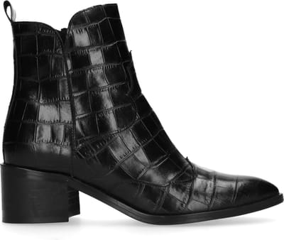 Manfield - Dames - Zwarte enkellaarsjes met crocoprint - Maat 36