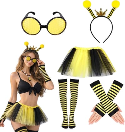 Vrouwelijk Bij Kostuum met Tutu Rok, Antenne Hoofdband, Gestreepte Kousen en Lange Handschoenen voor Carnaval en Halloween Feestjes