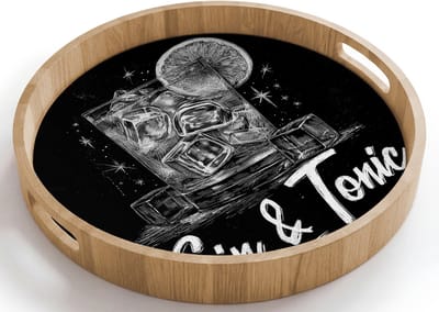 Dienblad rond 40x40 cm - Schootdienblad hout - Gin en tonic - Glas - Limoen - Ijsblokjes - Borrelplank rechthoek - Plateau houten dienbladen