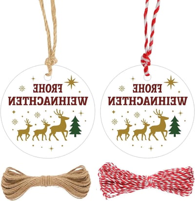 5.5cm Merry Christmas Papieren Cadeauhanger: 100 Stuks Witte Hangers met Hert en Dennenboom, Decoratieve Labels met Touw voor Cadeaus en Kerstdecoratie