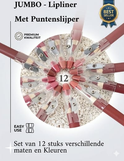 Jumbo Lipliner Set – 12 Kleuren met Puntenslijper - Dikke Potloden voor Perfecte Lippen - Make-up Cadeau voor Vrouw – Valentijnsdag - Moederdag - Kerst & Sinterklaas - Kado - Cadeautjes - Versiering - valentijn