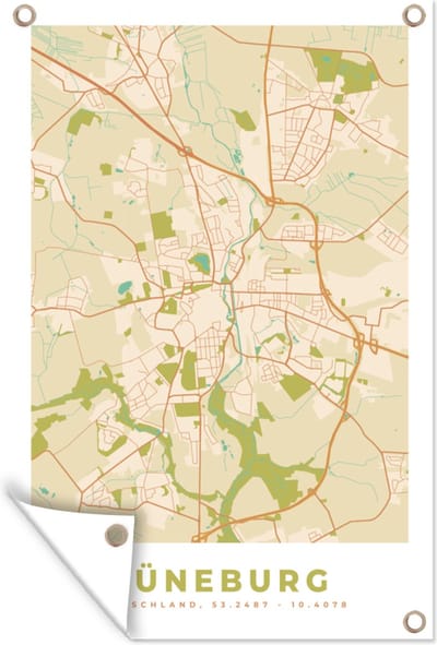 Muurdecoratie Kaart - Plattegrond - Lüneburg - Vintage - Stadskaart - 120x180 cm - Tuinposter - Tuindoek