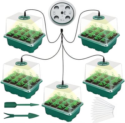 Famanu 5 Pack 60 Cellen Tray Propagator Tray met Grow Light Propagators met Deksels Plant Propagation Station Vensterbank Kwekers Mini Indoor Kas Tuin