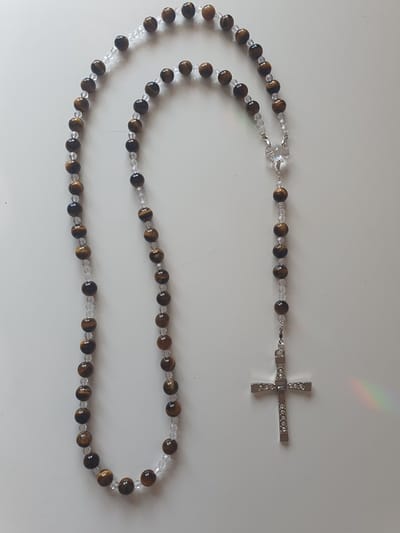 Rozenkrans, Paternoster gemaakt met Tijgeroog halfedelsteen kralen met zilverkruis en Kristallen van hoogwaardige kwaliteit, gebedssnoer, kruisteken, Meditatie, spiritueel, geloof, geloofsteken, gebed, gebedssnoer, gebedsketting, kerstpakket cadeau