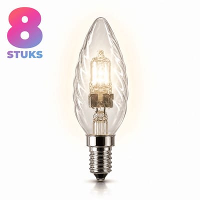 8x Kaarslamp Halogeenlamp E14 - 30W - Warm Wit Licht (2800K) - 345 lm - 2 jaar - Dimbaar - Gedraaid
