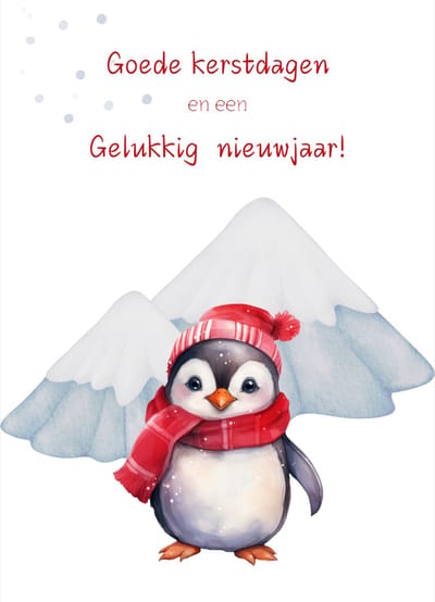 Kerstkaart voor kinderen- Pinguin met rode muts- Goede kerstdagen en een gelukkig nieuwjaar- Kwaliteitskaart 400 grams papier- Achterzijde voorbedrukt met adresregels