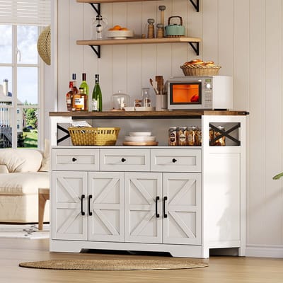 Pugsdrly Buffetkast 140 cm met opbergruimte, koffiebar met 3 lades, cottage-stijl console met deuren, kasten met planken, geschikt voor de keuken, woonkamer, gang, rustieke stijl wit/bruin