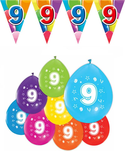 Feestpakket 9 jaar / 8 ballonnen en 1 vlaggenlijn 10 meter - Versiering Slinger Feestdecoratie Decoratie Verjaardag Jubileum Ballon Feest