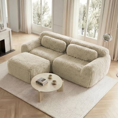 DESMIU Hoekbank 204 x 179 x 73 cm - L-Vormige 2-Zits Modulaire Bank Met Ottomaan En Kussens - Voor Woonkamer En Lounge - Pluche Licht Khaki
