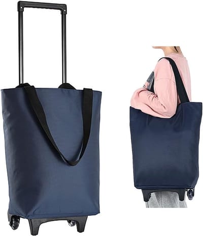 Boodschappentas op Wielen voor Vrouwen - Opvouwbare Boodschappentrolley met Rits Waterdichte Trolleytas Telescopische Handgreep Herbruikbare Inklapbare Boodschappenwagen Draagtas, Blauw