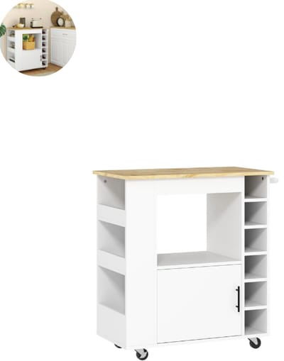 Keukeneiland - Verplaatsbaar - Keukenkast - Dressoir - Organizer - Kasten - Houten Werkblad - Wit