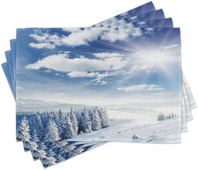ABAKUHAUS Winter-placematten, idyllische sneeuwbedekte bergwouden, bevroren, ijzige hoogland-Noordse bergtoplandschap; onderzetters van wasbare stof, tafeldecoratie met opdruk, lichtblauw-wit
