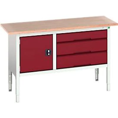 Bott verso box-type werkbank, met multiplex blad, 3 laden & 1 deur, B 1500 x D 600 x H 830 - 930 mm, lichtgrijs RAL 7035 / paars RAL 3004