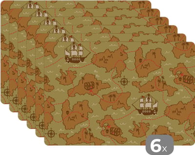 Placemat - Placemats kunststof - Schatkaart - Piraten - Patroon - Kinderen - 45x30 cm - 6 stuks - Hittebestendig - Anti-Slip - Onderlegger - Afneembaar