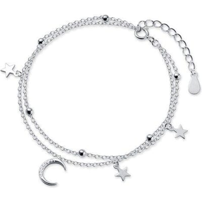 Trustdavis Bracelet en argent sterling 925 véritable avec double chaîne en forme d'étoile et de lune pour femme, bijoux de mariage, de Saint-Valentin, Db1161 argenté