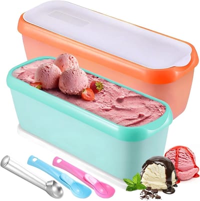 Set van 2 ijscontainers van 1,5 liter met deksel en 3 lepels, ideaal voor het bewaren van gelato, sorbet en bevroren yoghurt