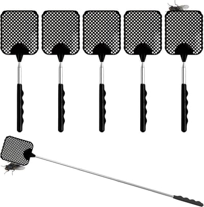 Verlengbare telescopische vliegenmepper voor het afschrikken van vliegen, wespen, muggen en insecten - Set van 5, 26-73 cm, Zwart